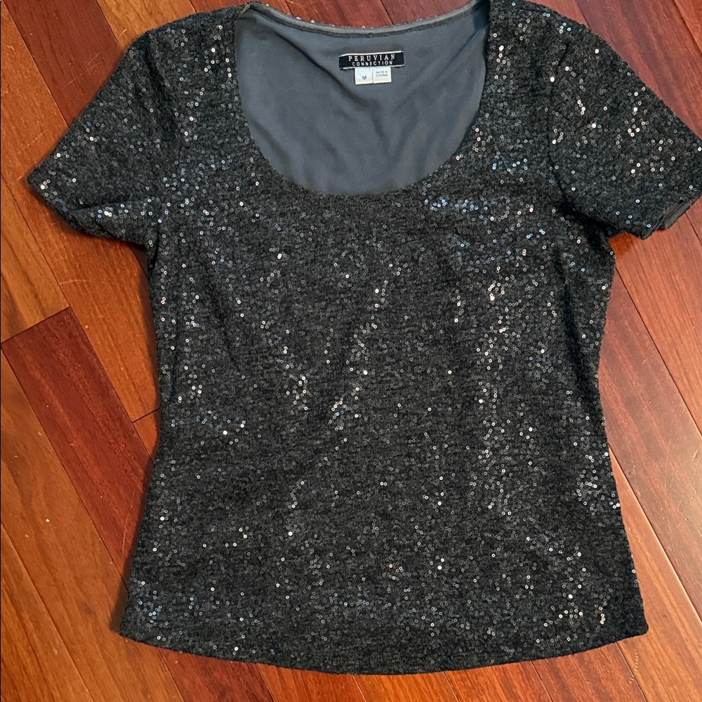 Peruvian Connection Black Sequin Short Sleeve Top… - image 1